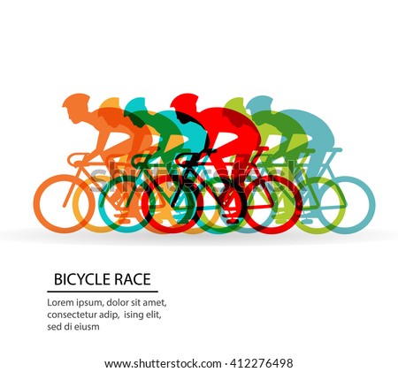 Colorful poster with cyclists riding bicycles.  Cycling poses in bright silhouettes. Bicycle road racers. Competition and marathon. Adventure and travel outdoor on bicycle.  Bike courier, vector 