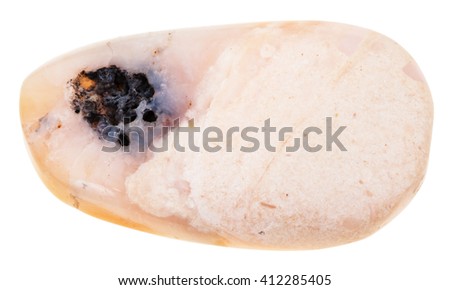 macro shooting of natural mineral stone - tumbled pink opal gemstone from Peru isolated on white background