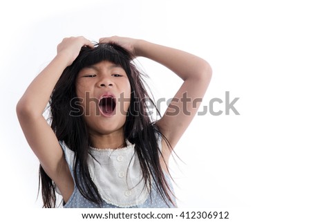 Stress Asian girl scratching her hair with louse problem on white background.