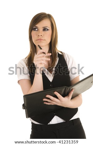 Young business lady writing in a folder. Studio with isolated white background.