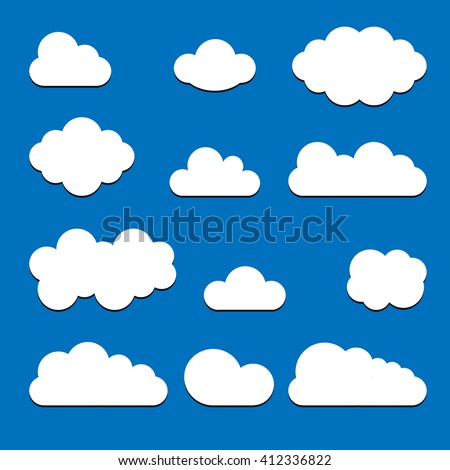Set of white clouds with shadow isolated on blue background. Trendy modern flat sign Collection for your design, website, web button, banners, mobile app. Vector internet  logo. Network illustration.