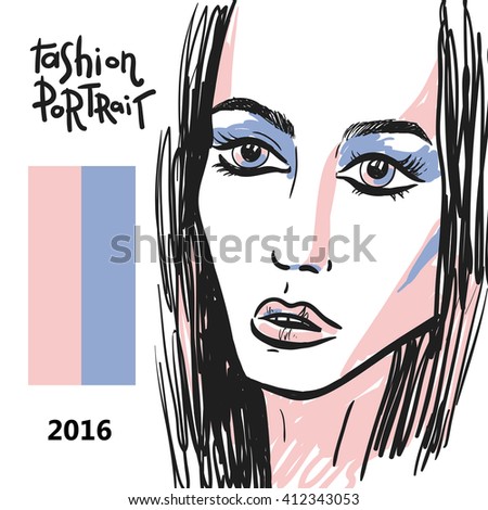 Beautiful hand drawn sketch vector fashion portrait of girl. Face of fashion girl. Hand drawn fashion illustration.