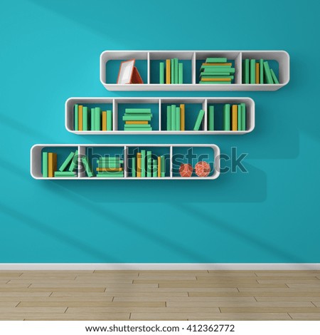 3d illustration of bookshelves with books and decorations.