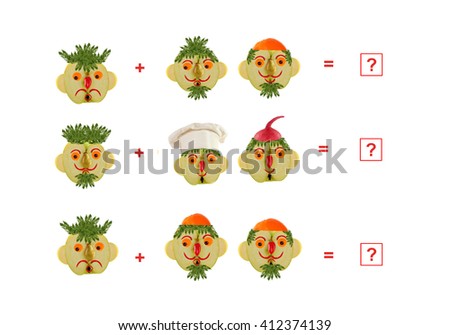Cartoon faces of vegetables and fruits, as an illustration of mathematical education for children of preschool age.
