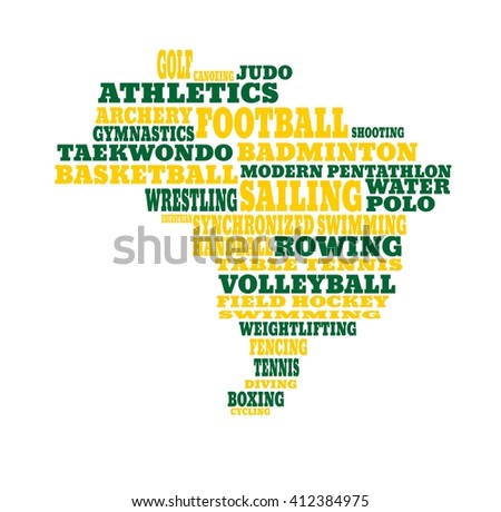 Brazil map with text, various sport competition. 