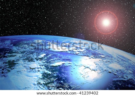 Earth from space with stars and sun flare