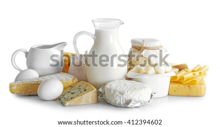 Set of fresh dairy products , isolated  on white Royalty-Free Stock Photo #412394602