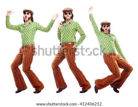 1970s vintage man with green dress dance composition set isolated on white Royalty-Free Stock Photo #412406212