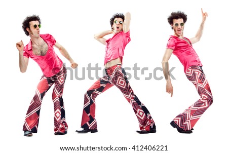 1970s vintage man with pink dress dance composition set isolated on white Royalty-Free Stock Photo #412406221