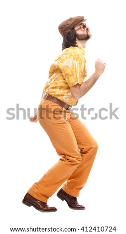 1970s vintage man with orange dress dance isolated on white