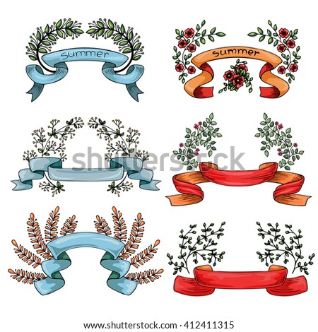 Vector vintage ribbons with flowers and branches isolated on white background in retro style