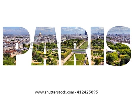 Paris, France - city name sign with photo in background. Isolated on white.