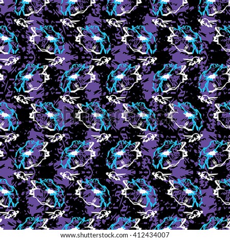 Seamless flower pattern with blue, black and white elements on lilac background