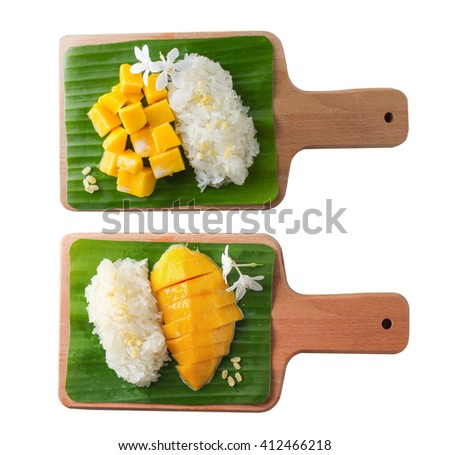 the Mango Sticky Rice with Wood Tray, Thai dessert, on white background.