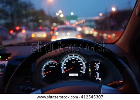The car console, waiting in a traffic jam Royalty-Free Stock Photo #412545307