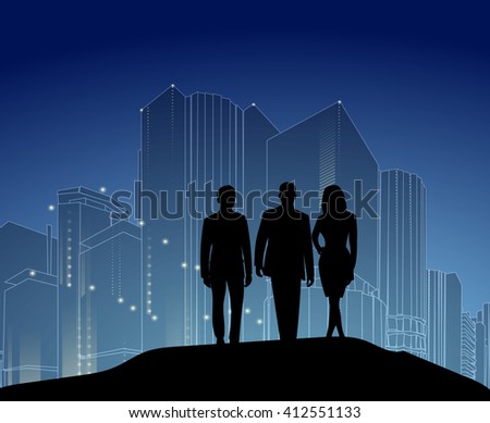 Vector template of a group of business and office people with city landscape