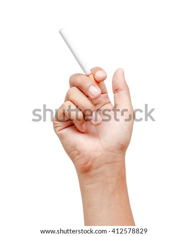 Hand holding cigarette isolated on white background,This picture has been cut path