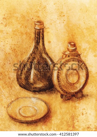 Drawing flask and wine carafe on paper. Original hand draw and Color effect.