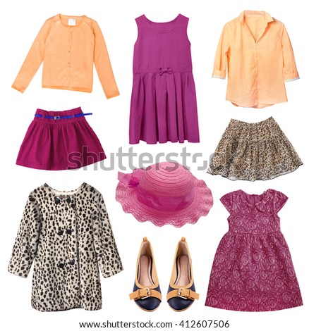 Child girl collage clothes isolated on white. Elegant set of female kid clothing.Different stylish apparel.