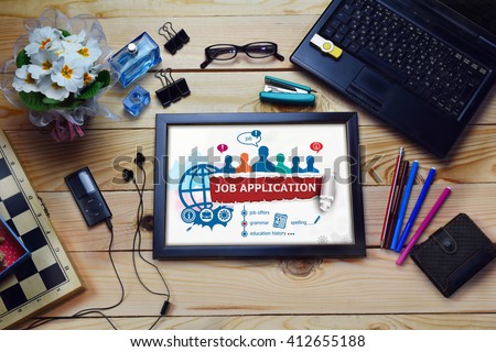 Job application design concept and group of people on wooden office desk. Job application concepts for business, consulting, finance, management.  