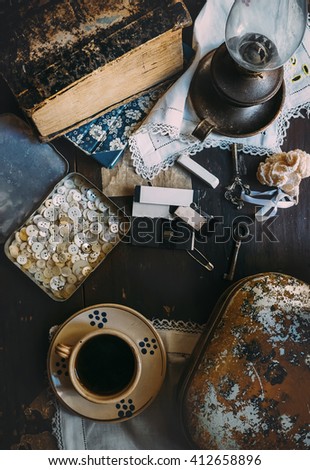 Morning coffee with vintage sewing props for handmade