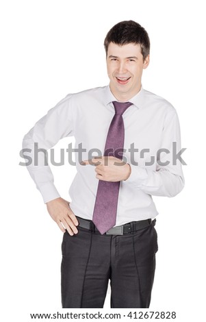 Portrait of young happy smiling business man points with fingers in the right side and looking at camera.  image isolated over white background. people, female, business e and portrait concept