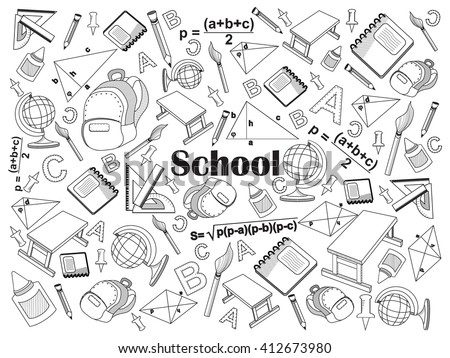 School design colorless set vector illustration. Coloring book. Black and white line art