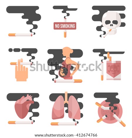 Icons about smoking, vector illustration flat. dangers of smoking, pregnant woman