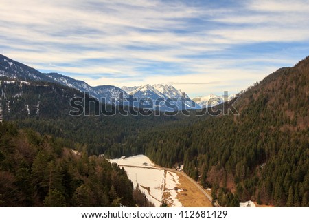 Landscape view of Alps from Highline 179 bridge. Reutte, Tyrol, Austria.