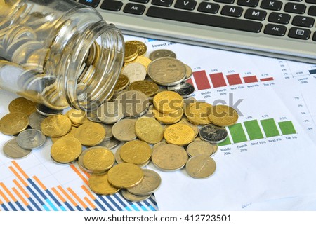 Coins spilling out of jar on the business stock charts - Business Concept