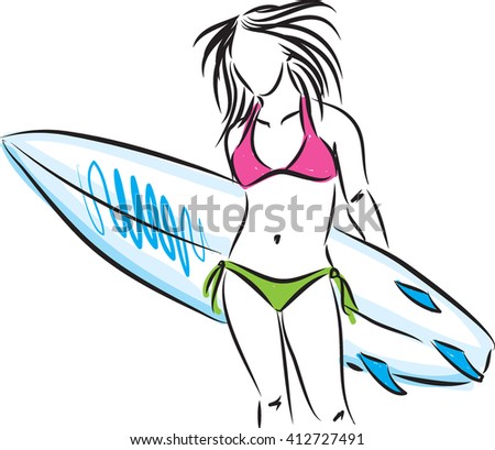 surfer girl with surf board illustration