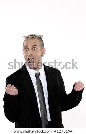 studio shot of isolated picture of a strange caucasian businessman with piercing and tattoos