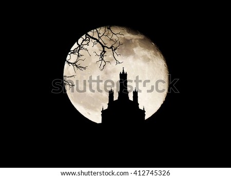 Silhouette church on full moon background
