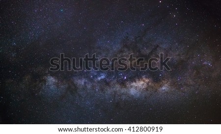 The Panorama Milky way galaxy with stars and space dust in the universe,Comet 252P/LINEAR is left of and below Saturn. Long exposure photograph, with grain.
