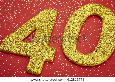 Number forty golden color over a red background. Anniversary. Horizontal
