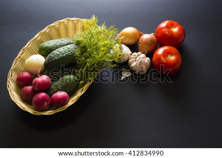 cucumbers, tomatoes , radishes in basket on a black background