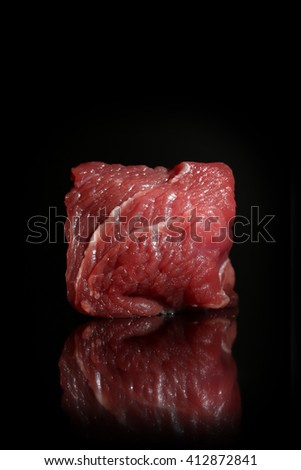 Overhead view eyes round beef meat on black background. 