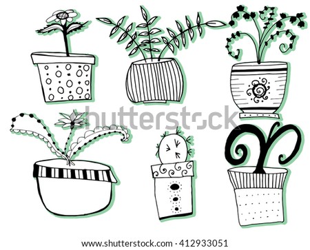 A collection of indoor plants. Set of stylized flowers in pots. Decorative flowers. Line art. Black and white drawing by hand.