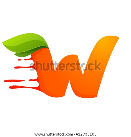 W letter with orange juice drops and leaves. Vector design template elements for your application or corporate identity.