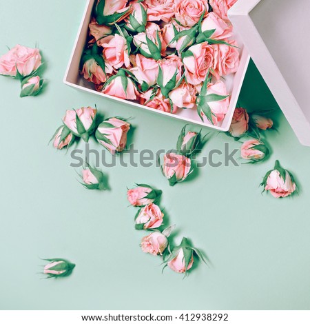 Pink Roses in a white Box. Fashion. Details Minimalism.