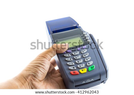 Hand hold credit card reader machine isolated on white background