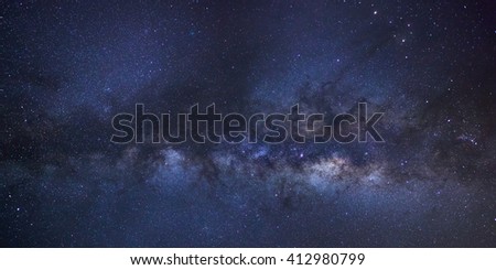 Panorama Milky way galaxy with stars and space dust in the universe,Comet 252P/LINEAR is left of and below Saturn. Long exposure photograph, with grain, high resolution