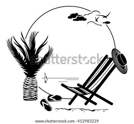 Black and white round frame with palm tree silhouette. Raster clip art.