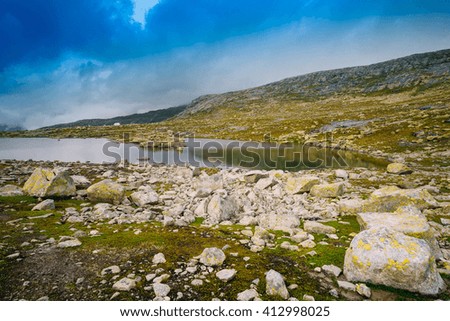 Norwegian Mountains Landscape. Travel. Scenic View Of Mountains Lake In Norway
