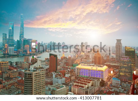 Aerial photography bird view at Shanghai bund Skyline of sunrise