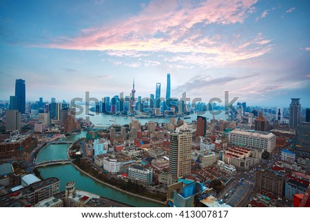 Aerial photography bird view at Shanghai bund Skyline of sunrise