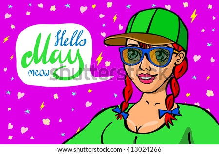Red head girl with placard board and text Hello May isolated on green background art