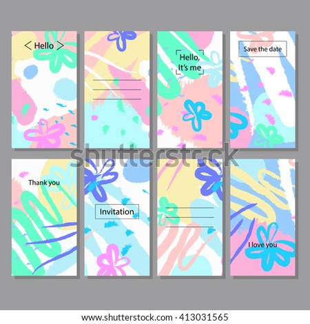Set of artistic colorful universal cards. Brush textures. Wedding, anniversary, birthday, holiday, party. Vector illustration