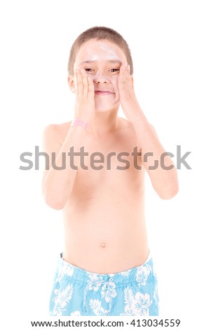 little boy with beach shorts isolated in white background