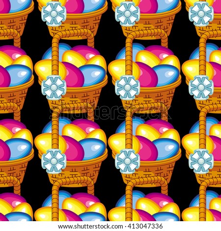 Seamless pattern with basket and Easter eggs. Raster clip art.